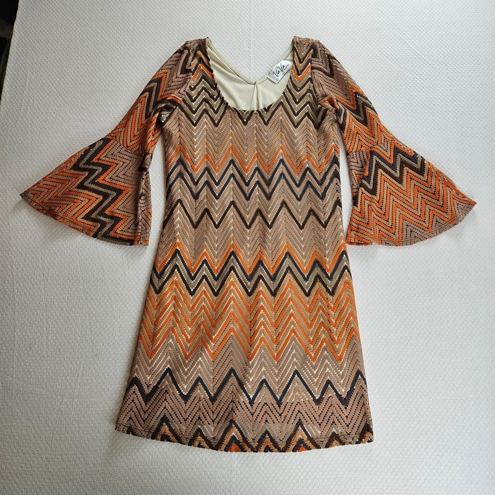Chevron Crocheted Bell Sleeve Mini Dress Brown 70s Mod Funky Retro Large